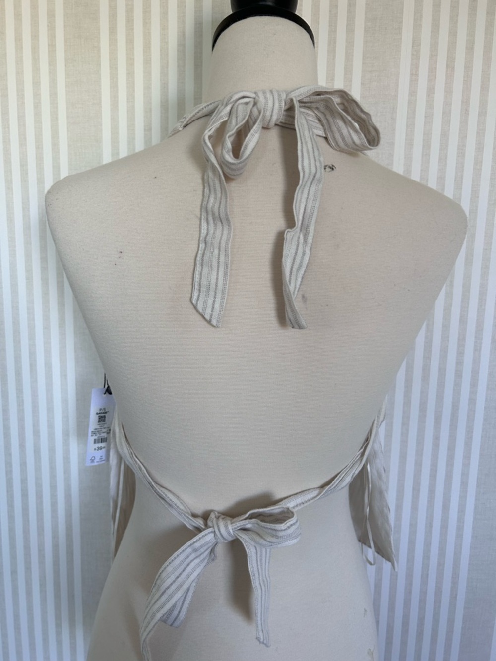 GARAGE Linen Halter Top Beige & Cream Stripe Top Tie Back Women’s Size Small NWT - Picture 6 of 10